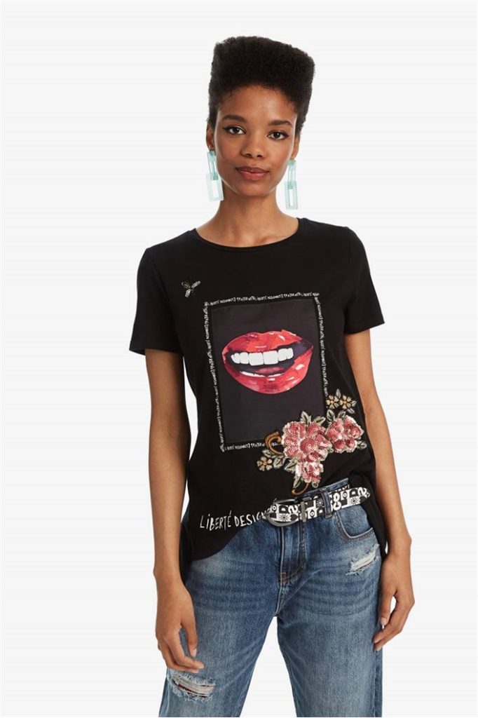 Bavlněné tričko Desigual Lips negro